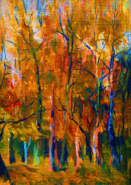 油画风景秋天的树与明亮的黄色和橙色的叶子在公园的背景灰色的秋天的天空和黄色的草在多风的天气图片下载