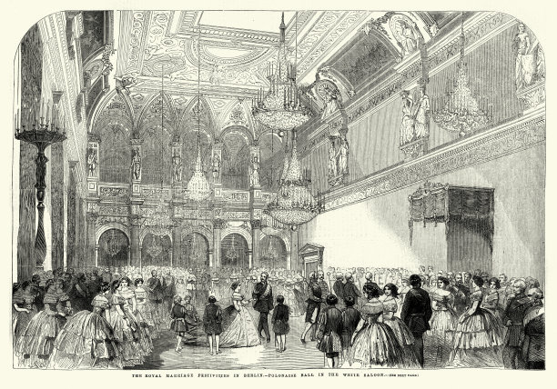 19世纪50年代，维多利亚、皇家公主和腓特烈三世在柏林举行的皇室婚礼，在白色沙龙举行的波兰舞舞会图片下载