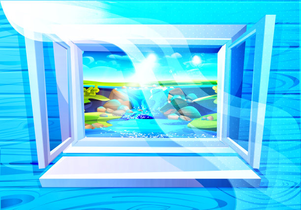 卡通风格的自然概念之窗。在一个阳光明媚的夏日，打开窗户，欣赏大自然。图片下载