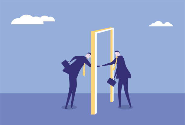 两个商人在门前握手合作图片下载