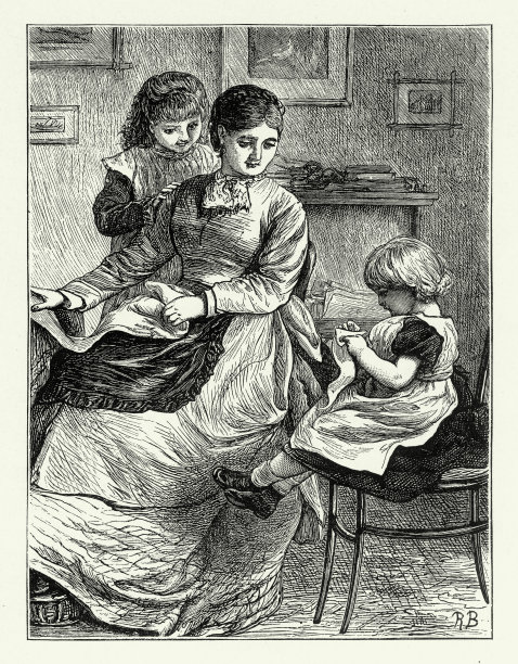 1882年，母亲教年幼的女儿缝纫，美国维多利亚时代版画图片下载