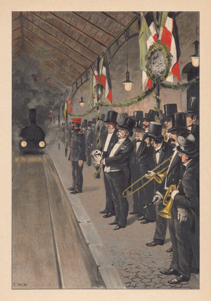 车站里庄严的接待，怀旧的场景，彩色印刷，1892年出版图片下载
