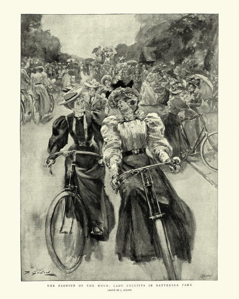 巴特西公园的骑自行车女郎，维多利亚时代骑自行车的妇女，1895年图片下载