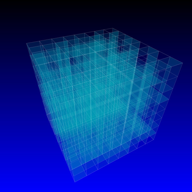 在深蓝色背景下的半透明玻璃墙的3D渲染。与视角。图片下载