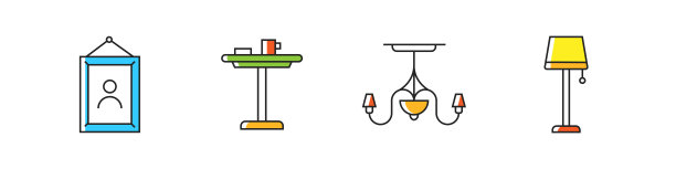 家具相关的矢量线图标。大纲符号集合。图片下载