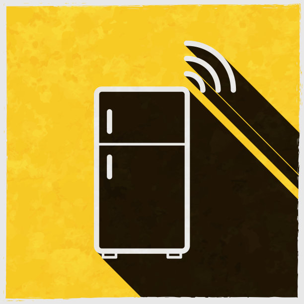 智能冰箱。图标与长阴影的纹理黄色背景图片下载