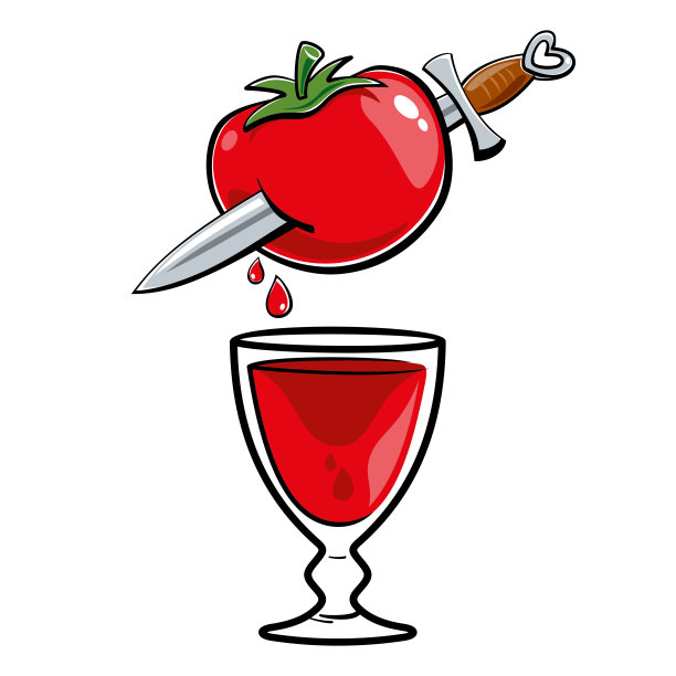 血腥玛丽鸡尾酒。番茄汁一滴一滴地流进玻璃杯里。刀子刺穿了西红柿。图片下载