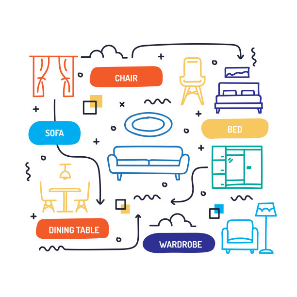 家具相关的手绘横幅设计矢量插图图片下载