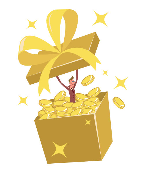 打开装满钱的大礼盒的快乐商人图片下载