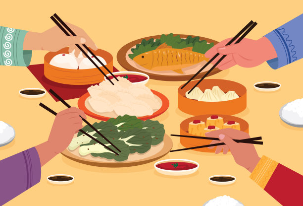 春节团圆饭插图。一家人在除夕吃团圆饭。家庭年夜饭年夜饭图片下载