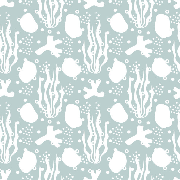 海卵石和海藻无缝图案水彩画。图片下载