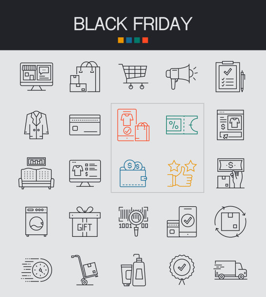 黑色星期五线图标可编辑笔画。网上购物，折扣，免费送货，移动购物，销售图片下载