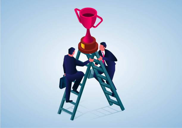 两名商人攀上梯子，争夺梯子顶端的奖杯，职业竞赛，项目竞赛图片下载