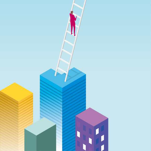 一个人用梯子从屋顶爬到半空中。图片下载