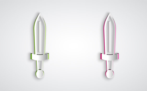 剪纸中世纪剑图标孤立在灰色图片下载