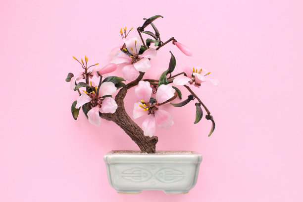 人造樱花盆景树在陶瓷罐粉红色的背景。玻璃樱花家居装饰图片下载