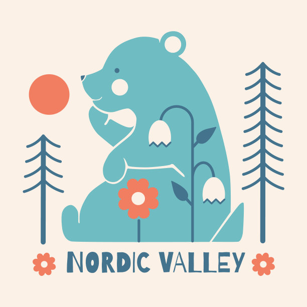现代民俗北欧版画。古怪的风格，天真有趣的熊在林地。可爱的动物图案，斯堪的纳维亚森林。图片下载