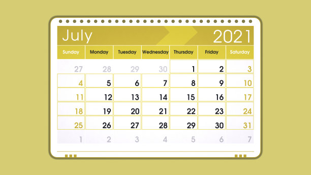 7月2021年日历页插图在黄色，孤立在黄色背景图片下载