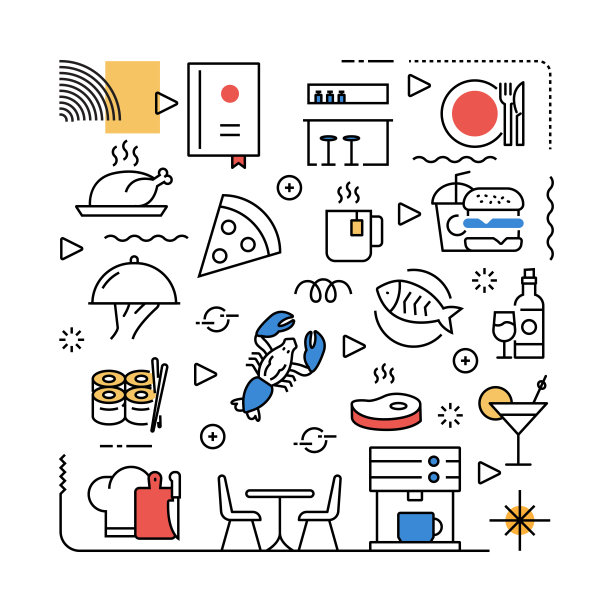 餐厅和食物相关的设计元素。带有轮廓图标的图案设计。色彩斑斓的矢量图图片下载