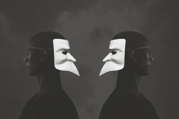 两个男人从背后带着面具，超现实的谎言概念图片下载