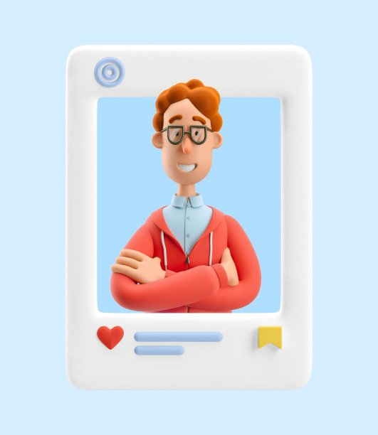 3 d演示。社交媒体概念。宅男拉里双手交叉站着。图片下载