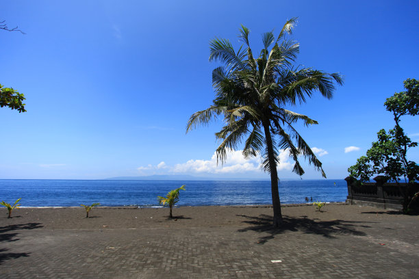 果阿拉瓦海滩在巴厘岛的一个空的黑色沙滩，椰子树，蓝天，蓝色的大海和努沙伦邦根岛在地平线上。眼前一个人也没有。图片下载