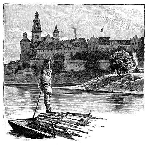 一个人在驳船上从维斯瓦河运木材图片下载