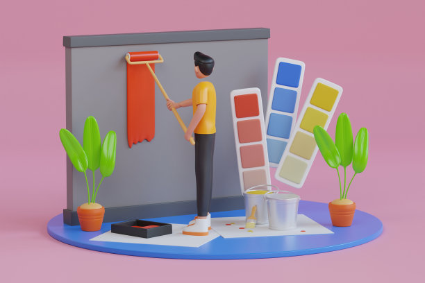 专业画家画墙的3D插图。男子用滚筒刷墙。油漆工用油漆滚筒和油桶在墙上作画图片下载