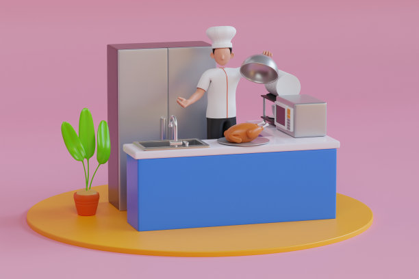 3D厨师在餐厅厨房烹饪鸡肉。厨师角色手里拿着银盘子。烹饪鸡3d插图图片下载
