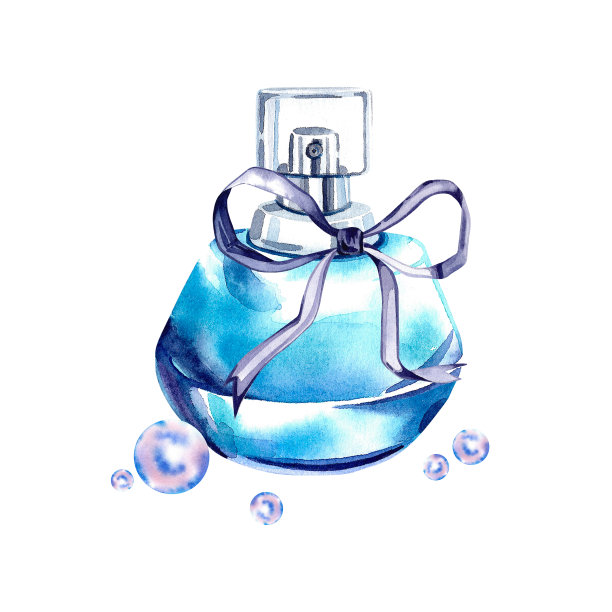 淡香水是蓝色的，有蝴蝶结和珍珠。女人的香水。水彩插图在一个孤立的背景。美丽和时尚。花的香味。时尚香。图片下载