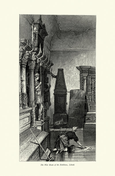 女保洁员在德国吕贝克的Rathaus作战室打扫图片下载