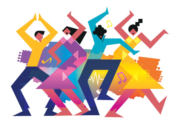 两对跳舞的情侣，狂野疯狂的舞会，卡通。图片下载