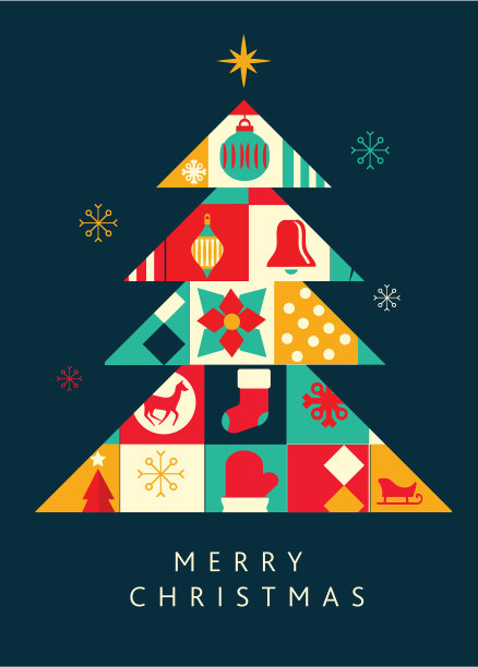 快乐圣诞贺卡平面设计垂直模板树与正方形的装饰品和树木几何形状和简单的图标图片下载
