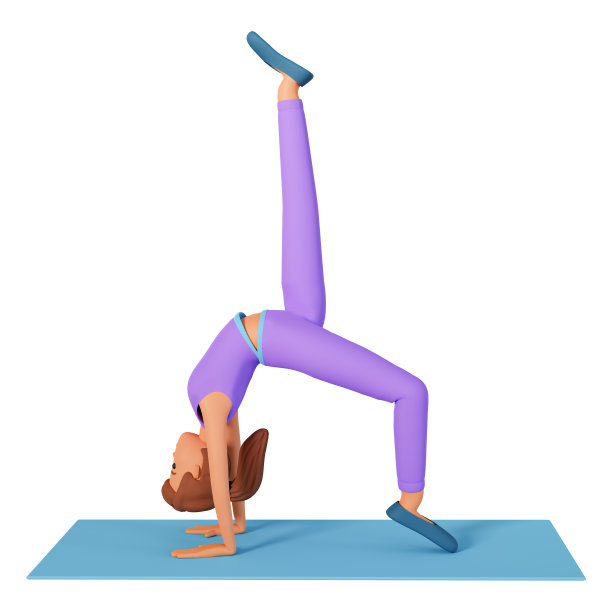 年轻女子站在她的手做瑜伽练习垫3d插图。一个成年女孩做伸展运动瑜伽站在她的手三维插图孤立的白色背景图片下载
