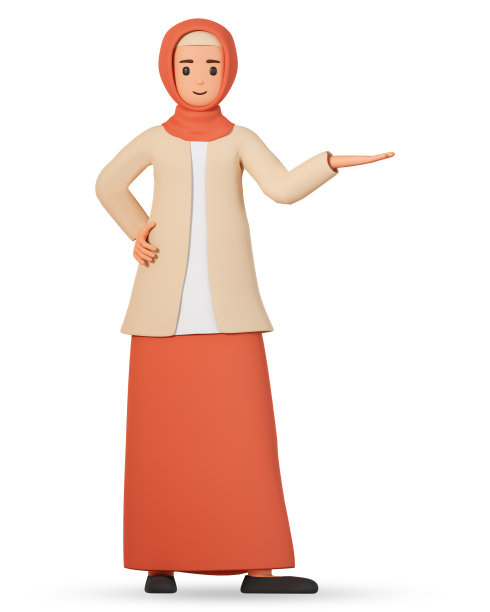 戴着头巾的穆斯林妇女的三维插图，在白色背景上显示一只手在侧面。3D穆斯林女性角色指向某物。图片下载