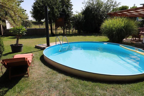 花园里有一个带日光浴躺椅的圆形游泳池图片下载