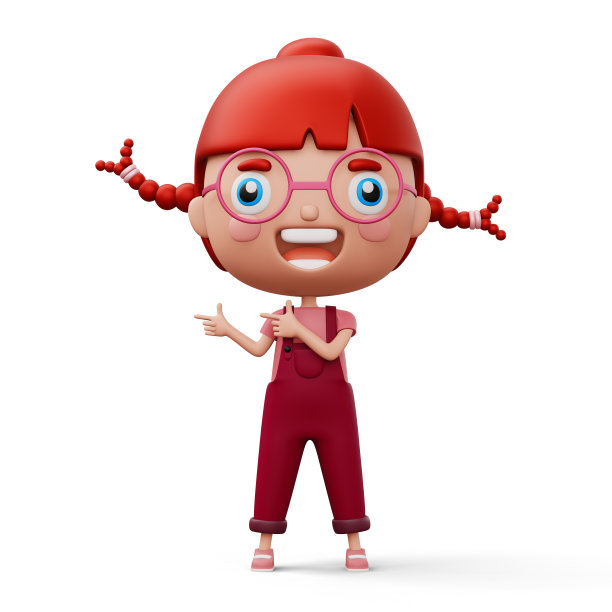 快乐的孩子指手画脚，可爱的女孩卡通人物，3d渲染图片下载