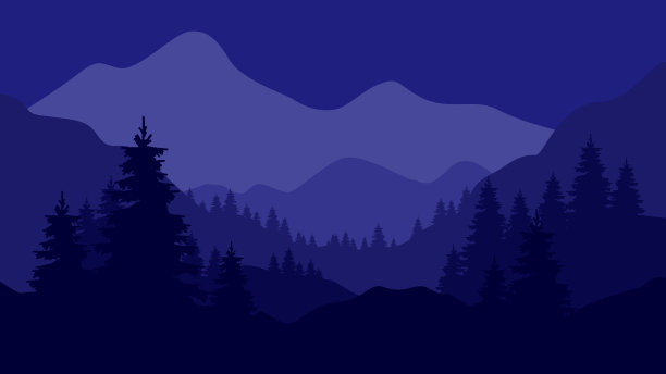 风景与轮廓山和树木，丘陵和森林与夜空。图片下载