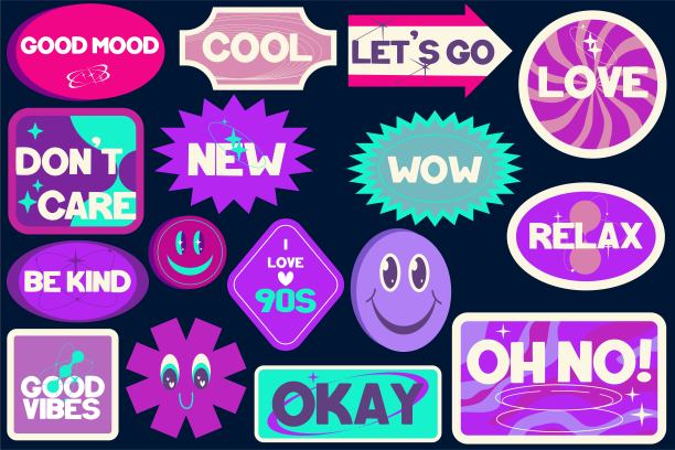千年虫贴纸时髦套装。90年代设计的文字贴纸好了，哇，放松。可爱的紫色标签y2k。审美包新潮造型。平面矢量图图片下载