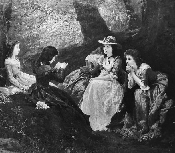 五个女孩坐在森林里读一本小说图片下载