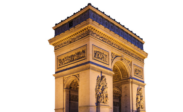 凯旋门(白底雕刻)，巴黎，法国。拱门的墙壁上刻着128次战役的名字和660名法国军事领导人的名字(法语)。图片下载