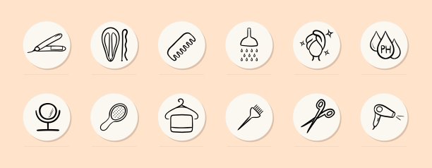 美发师线图标。毛巾，发夹，剪刀，镜子，吹风机，梳子。柔和的颜色背景。矢量线图标图片下载