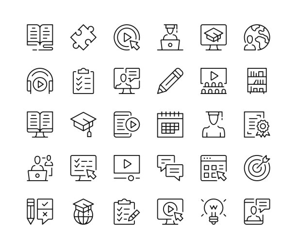 在线学习图标。矢量线图标集。电子学习，网络研讨会，培训，在线课程的概念。黑色轮廓笔画符号图片下载