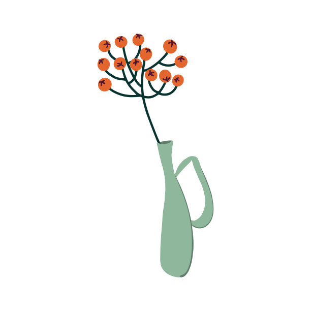 秋天的气味。矢量插图的陶瓷花瓶与山灰小枝隔离在白色背景上。图片下载