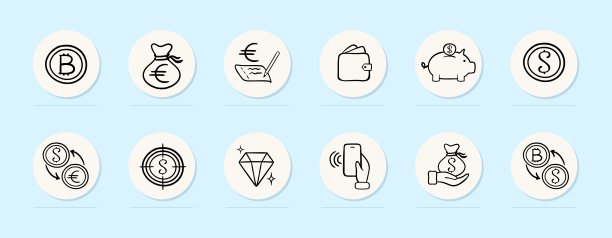 财务线图标。比特币，电子货币兑换，储蓄罐，钻石，欧元。柔和的颜色背景。矢量线图标图片下载