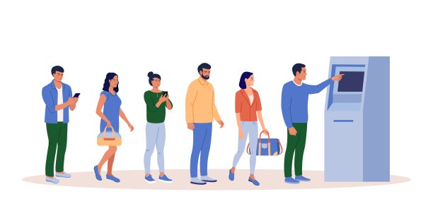 人们在自动取款机前排队取钱。女商人和男商人在排队。人物在匆忙中使用ATM终端进行金融交易图片下载