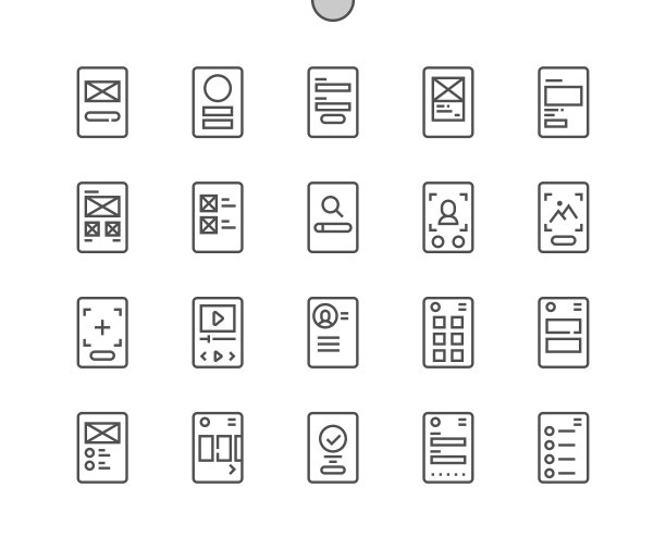 移动线框。仪表板。剖面视图。搜索屏幕。移动应用的原型。像素完美矢量细线图标。简单最小象形图图片下载