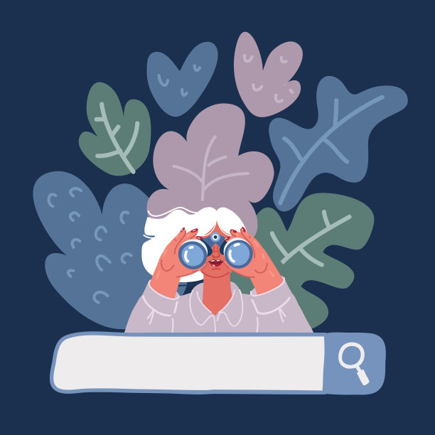 卡通矢量插图快乐的女人拿着巨大的游客双目望远镜，看着遥远的未来。图片下载