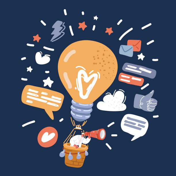 矢量插图的人看双目和灯泡上的光。经营理念。男人和女人拿着灯，放大镜，双筒望远镜图片下载