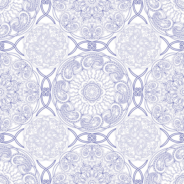 波西米亚风格的装饰图案，白底蓝线艺术图案。图片下载